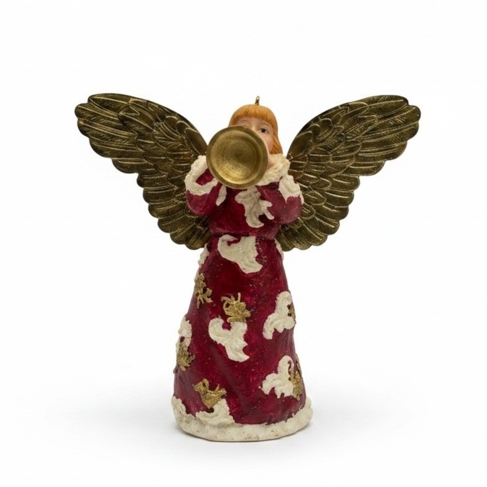 Vintage Angel Figurine Ornament Red Gold Holiday Christmas Decor Trumpet Wings